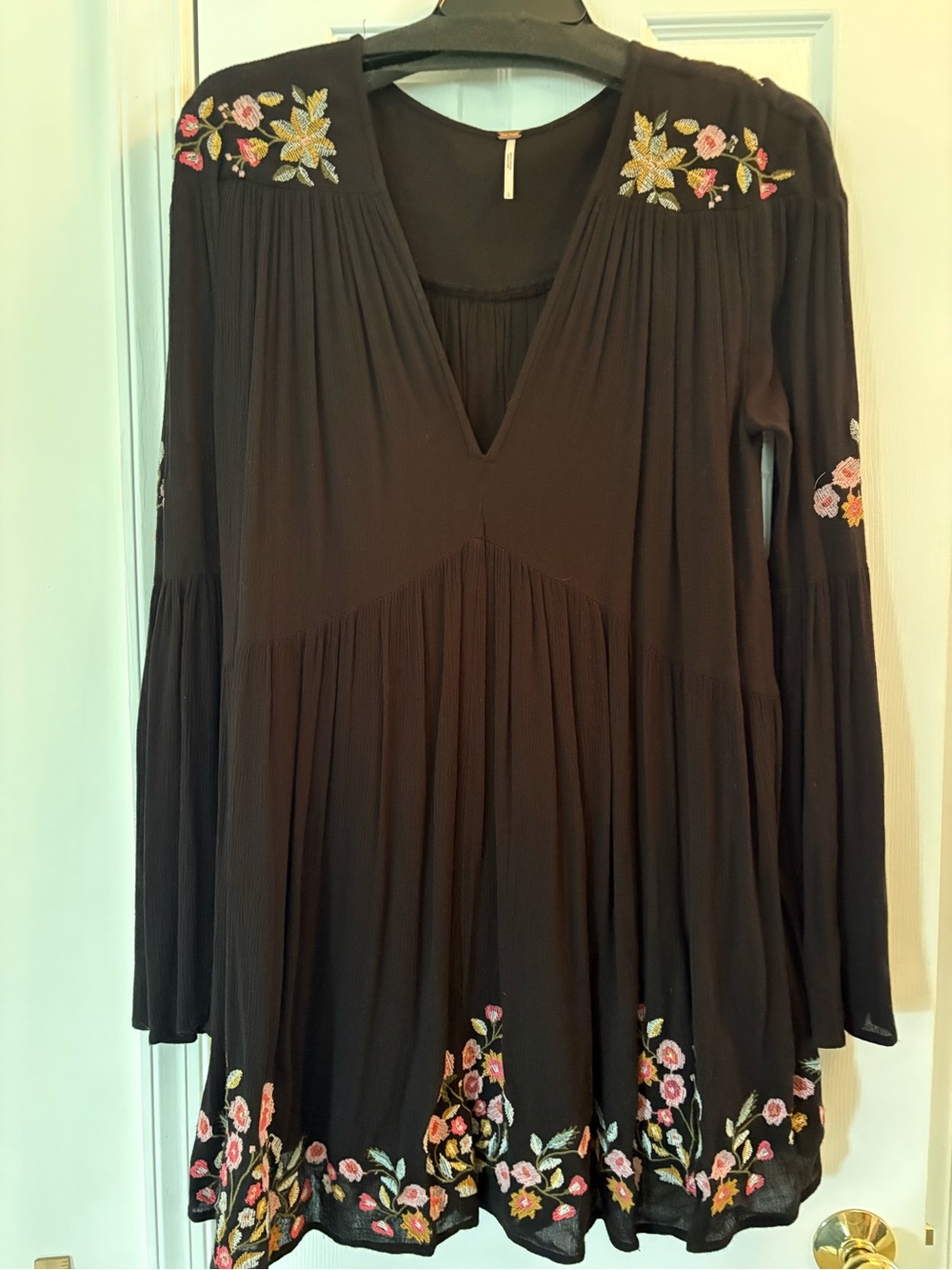 Free People Black V-Neck Embroidered Long-Sleeve Tunic